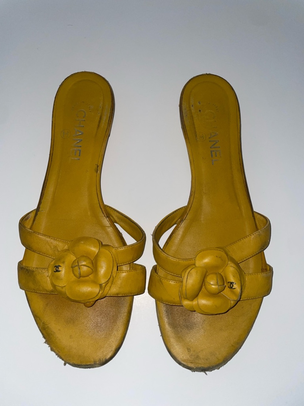 CHANEL Yellow Camellia Leather Slide Sandals